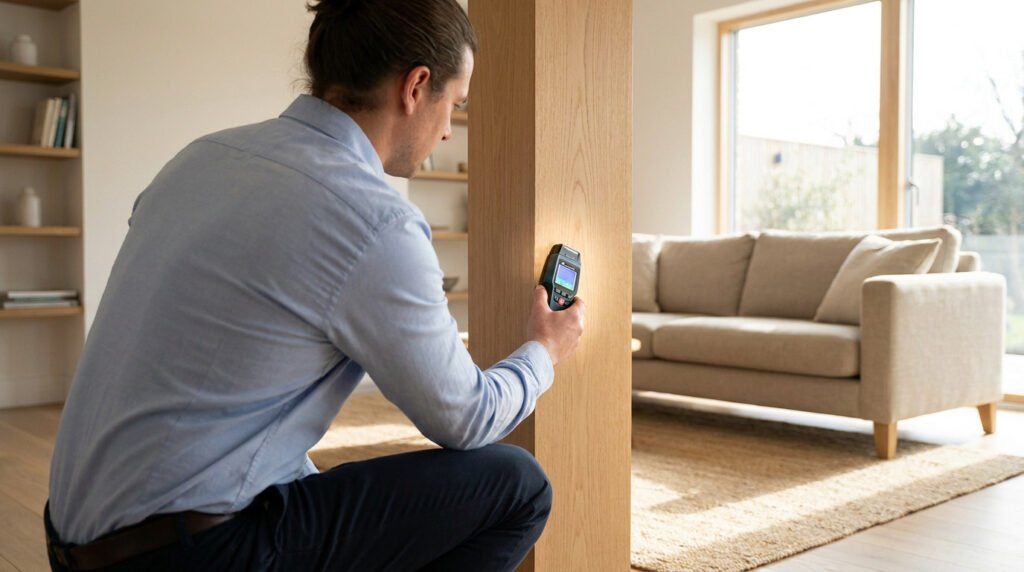 Un homme examine un poteau en bois avec un humidimètre dans un salon lumineux. Clé du diagnostic mérule et protection d'investissement.