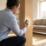 Un homme examine un poteau en bois avec un humidimètre dans un salon lumineux. Clé du diagnostic mérule et protection d'investissement.