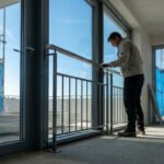 Un ouvrier installe un garde-corps métallique devant une baie vitrée sur un chantier de construction.