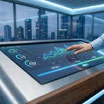 Une main interagit avec un écran tactile affichant des données énergétiques, des graphiques et des indicateurs dans un bureau moderne.