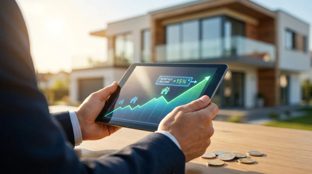 Homme en costume tenant une tablette affichant un graphique de croissance +15% pour l'immobilier. Pièces d'euro et maison moderne.