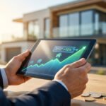 Homme en costume tenant une tablette affichant un graphique de croissance +15% pour l'immobilier. Pièces d'euro et maison moderne.
