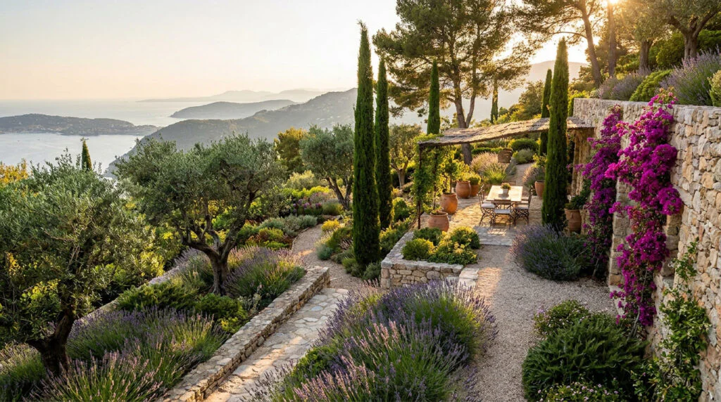 Magnifique jardin en terrasses surplombant la Méditerranée avec lavandes, cyprès et bougainvilliers en fleurs.