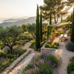Magnifique jardin en terrasses surplombant la Méditerranée avec lavandes, cyprès et bougainvilliers en fleurs.