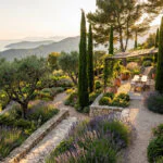 Magnifique jardin en terrasses surplombant la Méditerranée avec lavandes, cyprès et bougainvilliers en fleurs.