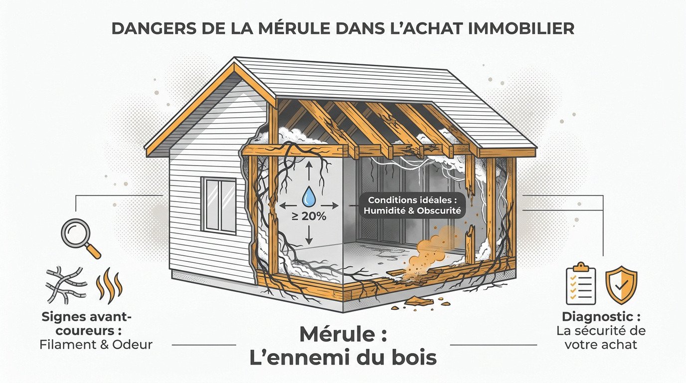 Traces de mérule sur une charpente en bois dégradée par l'humidité