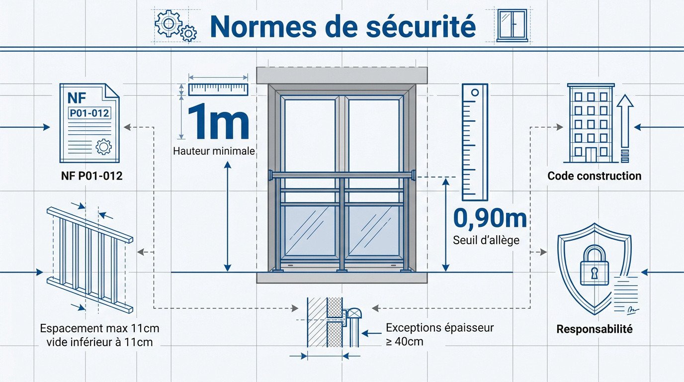 Installation d'un garde-corps conforme aux normes de sécurité NF P01-012 sur une fenêtre en étage
