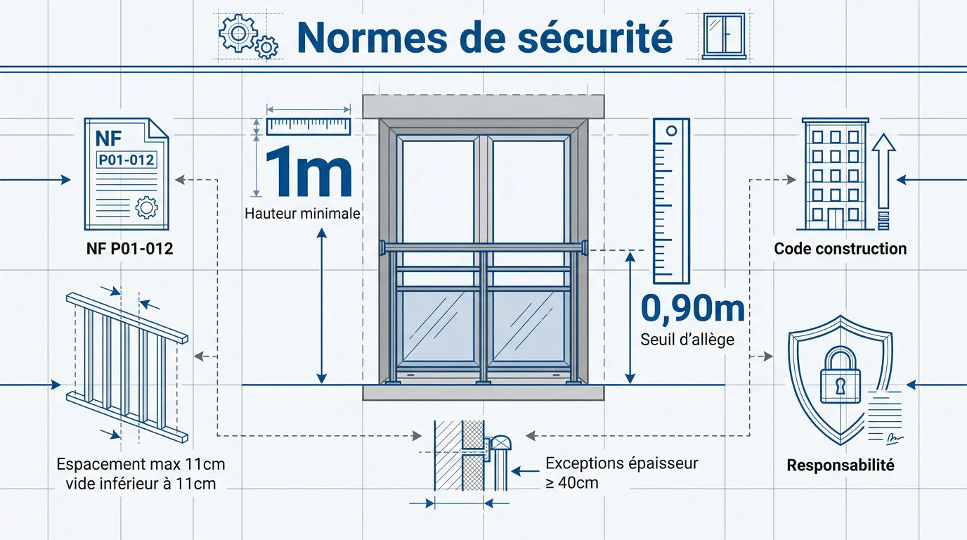 Installation d'un garde-corps conforme aux normes de sécurité NF P01-012 sur une fenêtre en étage