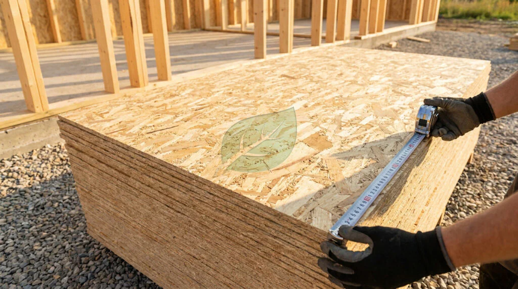 Gros plan sur une pile de panneaux OSB 18mm BuildTech Pro sur un chantier. Un ouvrier mesure avec un ruban, un logo feuille est visible.