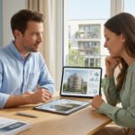 Deux personnes examinent des biens immobiliers et des données sur tablettes. Un calendrier 2026 est visible en arrière-plan.