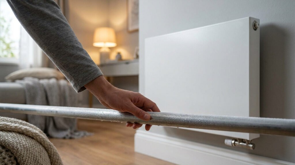 Une main touche un tuyau horizontal couvert de condensation devant un radiateur mural blanc, suggérant un problème de chauffage.