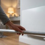 Une main touche un tuyau horizontal couvert de condensation devant un radiateur mural blanc, suggérant un problème de chauffage.