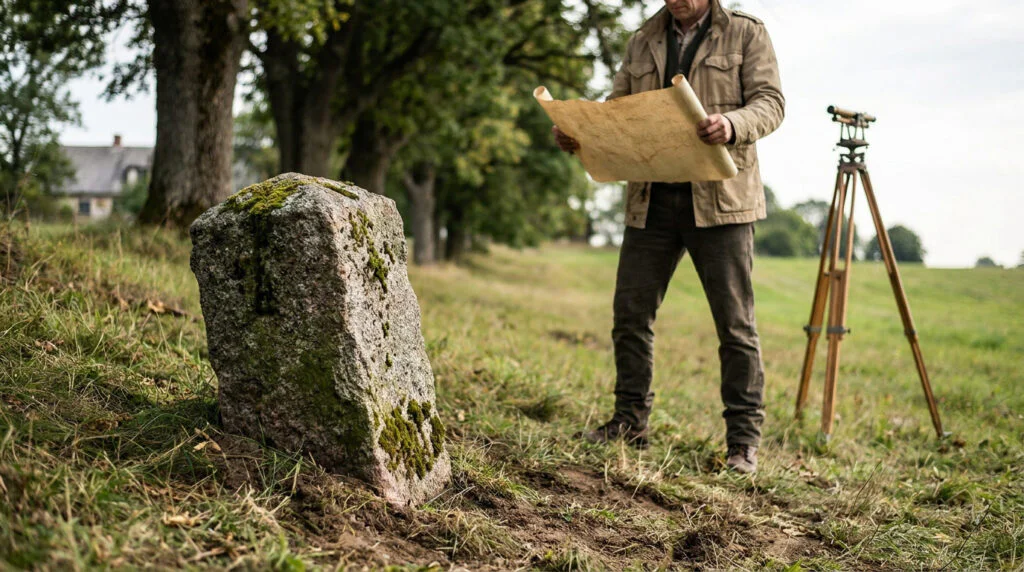 Un géomètre examine un plan près d'une borne moussue et d'un instrument de mesure, dans un champ bordé d'arbres.