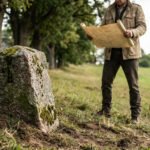 Un géomètre examine un plan près d'une borne moussue et d'un instrument de mesure, dans un champ bordé d'arbres.