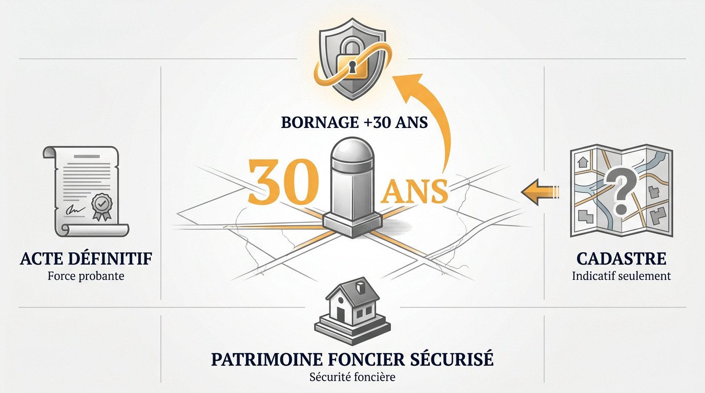 Plan de bornage officiel et bornes physiques marquant la limite de propriété