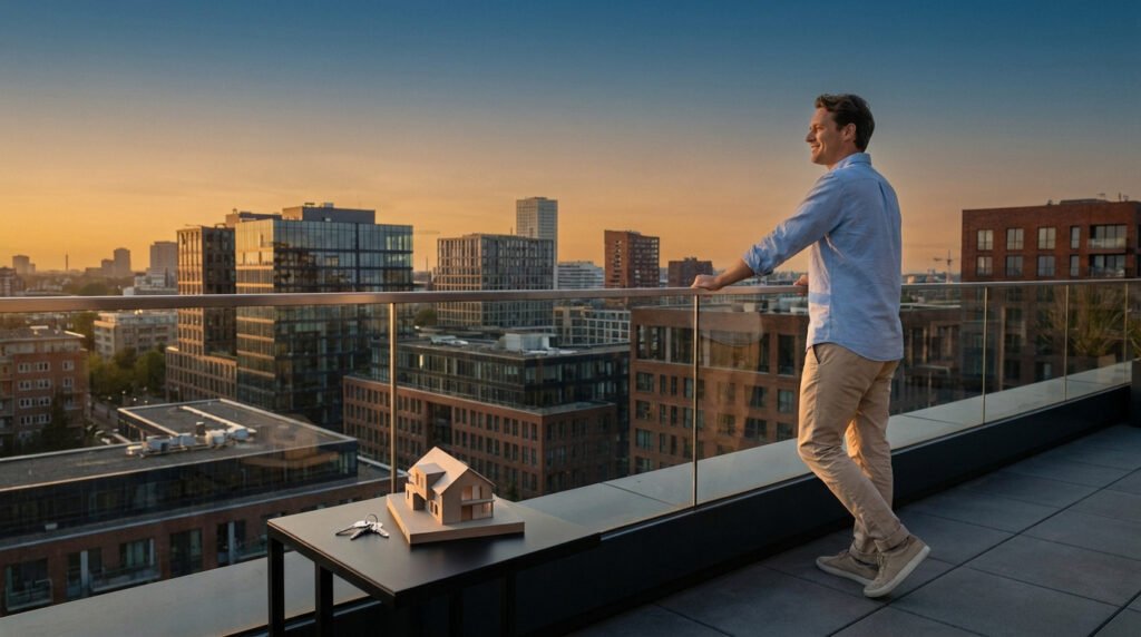 Un homme sur un toit-terrasse regarde la ville au coucher du soleil. Une maquette de maison et des clés symbolisent l'investissement immobilier.