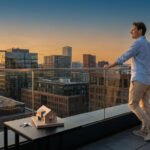 Un homme sur un toit-terrasse regarde la ville au coucher du soleil. Une maquette de maison et des clés symbolisent l'investissement immobilier.