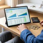 Un conseiller et un client analysent des graphiques financiers sur une tablette pour un prêt immobilier.