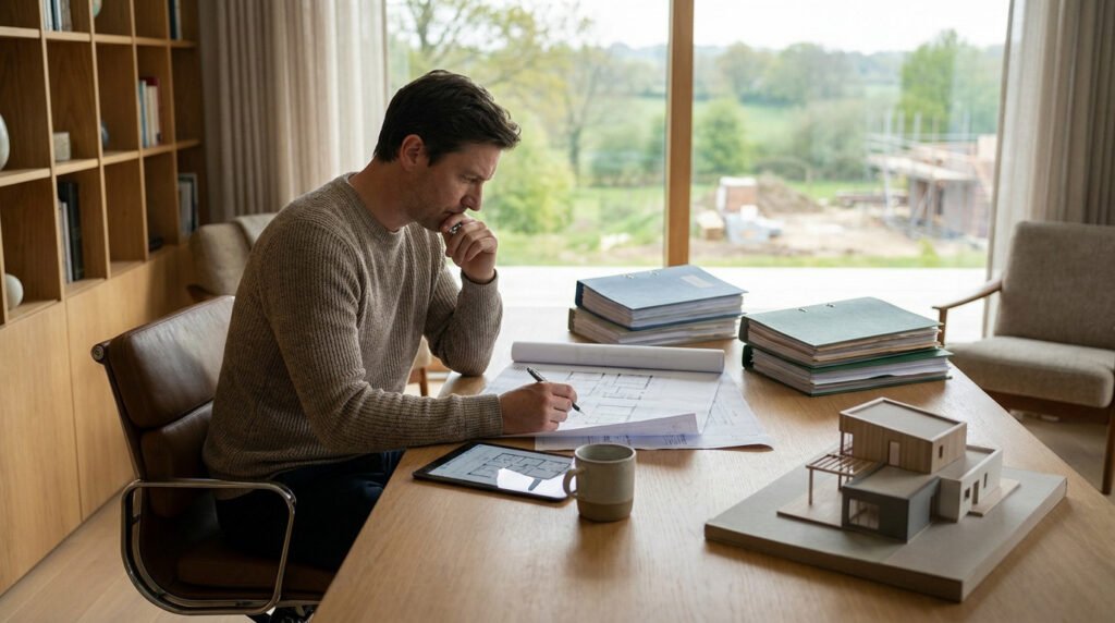 Un homme travaillant sur des plans architecturaux dans un bureau lumineux avec une maquette de maison sur la table.