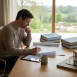 Un homme travaillant sur des plans architecturaux dans un bureau lumineux avec une maquette de maison sur la table.