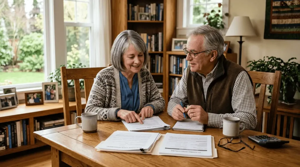 Assurance emprunteur senior couple examinant un contrat de prêt immobilier