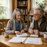 Assurance emprunteur senior couple examinant un contrat de prêt immobilier