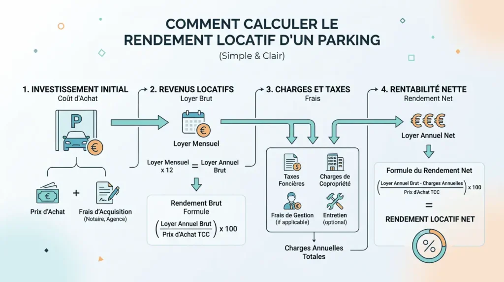 calcul rentabilité investissement parking rendement brut net