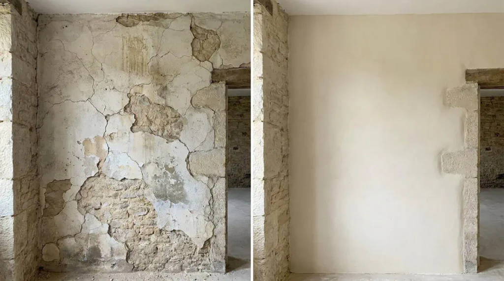 comparaison enduit chaux et ciment mur pierre intérieur