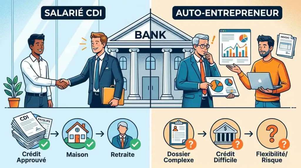 différence traitement bancaire salarié CDI vs auto-entrepreneur prêt immobilier