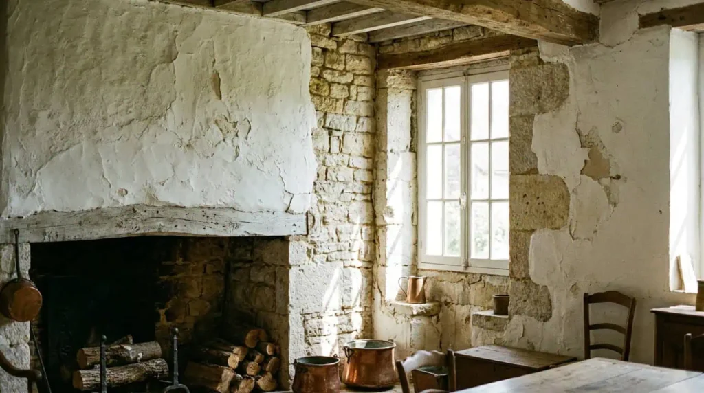 enduit à la chaux sur mur en pierre intérieur maison ancienne