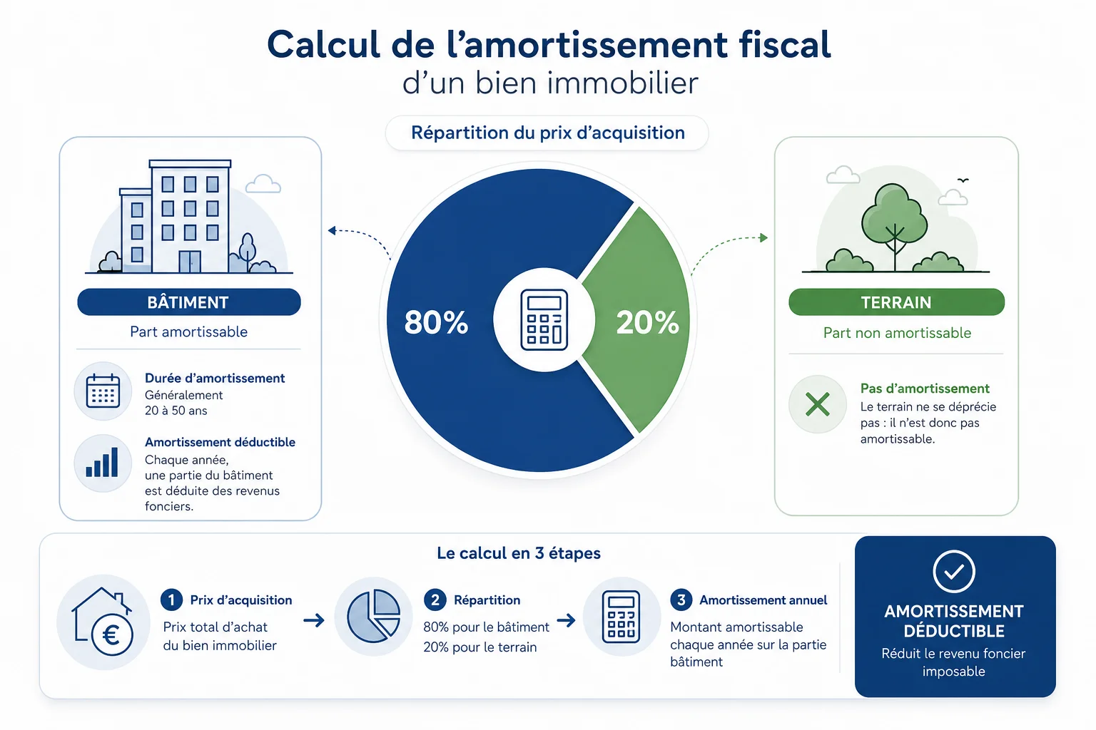 Calcul de l'amortissement bâti terrain pour bailleurs Infographie sur l'amortissement fiscal du statut du bailleur privé bâti terrain 80/20
