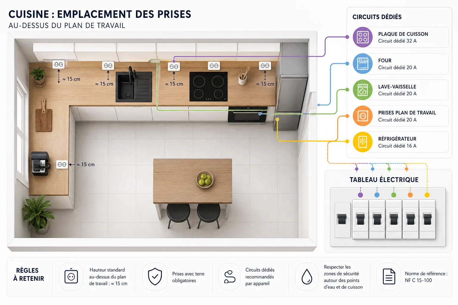 Infographie norme électrique cuisine nombre et emplacement des prises obligatoires