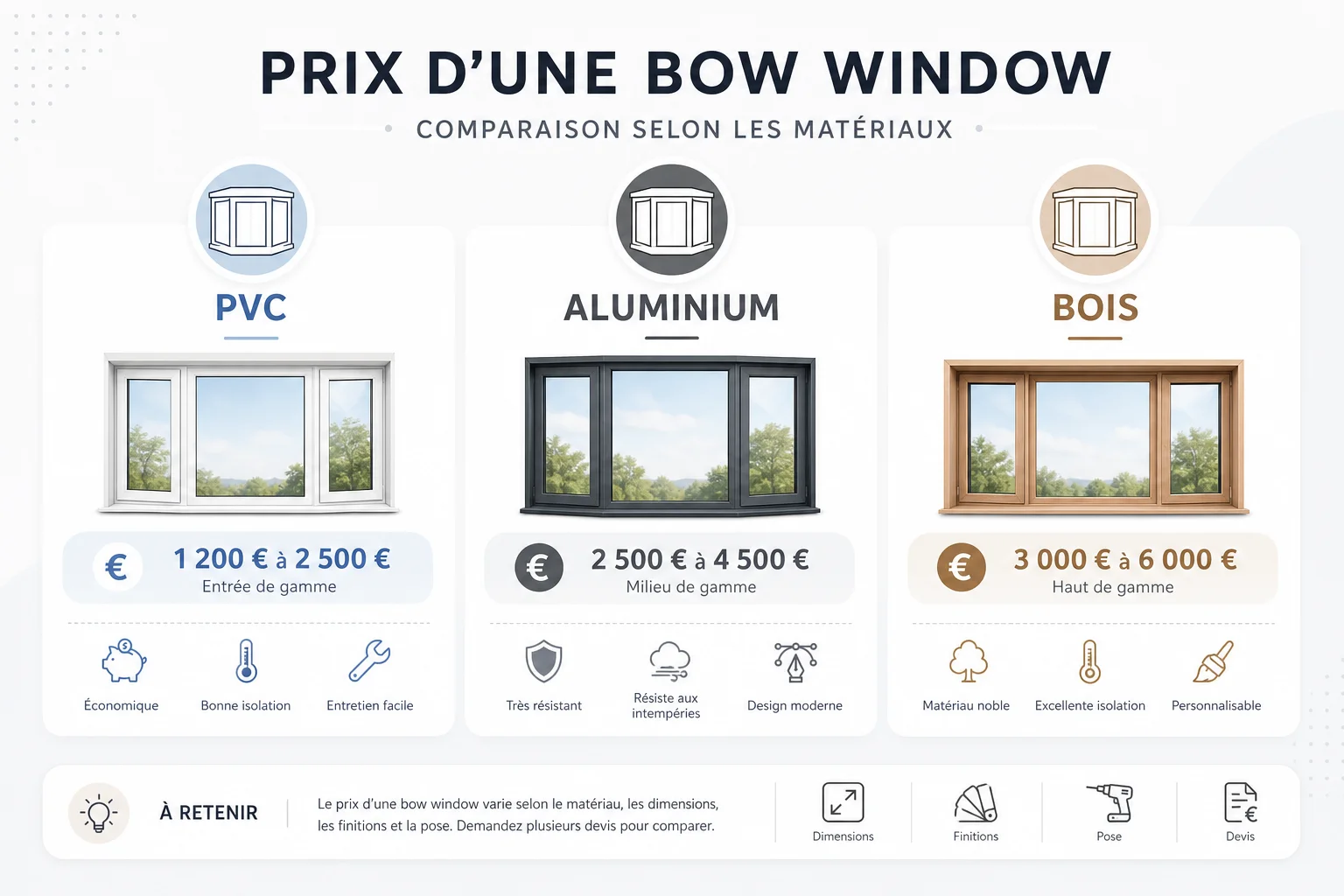 Combien coûte une bow window selon le matériau choisi ? infographie prix bow window selon matériaux et vitrage