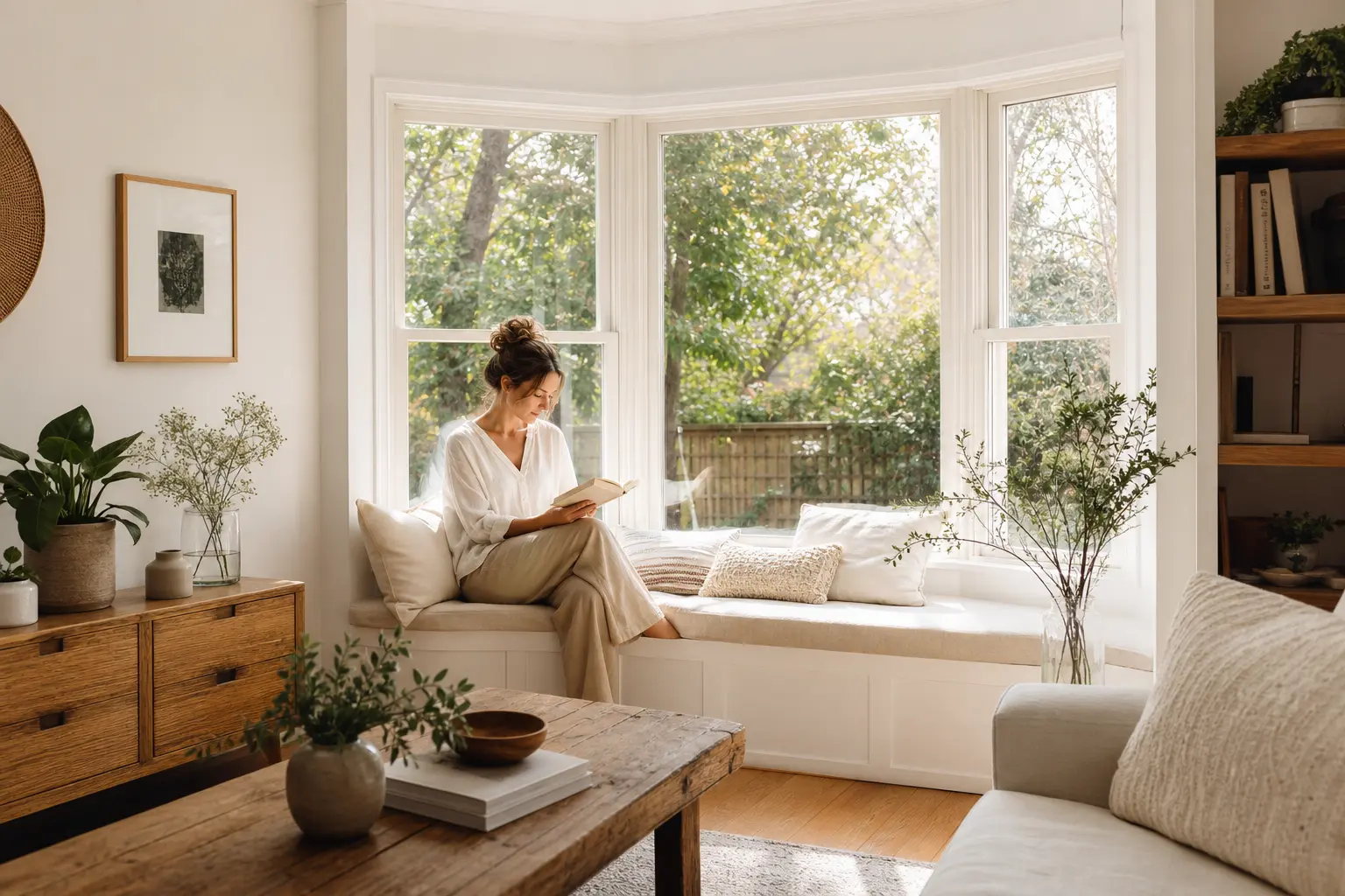 La bow window, source de lumière naturelle dans le salon intérieur baigné de lumière grâce à une bow window