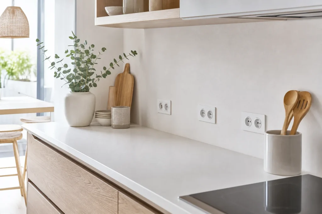 Norme électrique cuisine avec prises réglementaires au-dessus du plan de travail