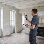 Diagnostiqueur réalisant un audit énergétique obligatoire dans un salon
