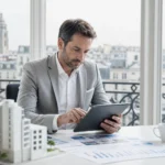 stratégie investissement immobilier expliquée sur tablette dans un bureau lumineux