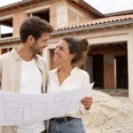 Couple calculant la taxe d'aménagement maison neuve devant leur chantier