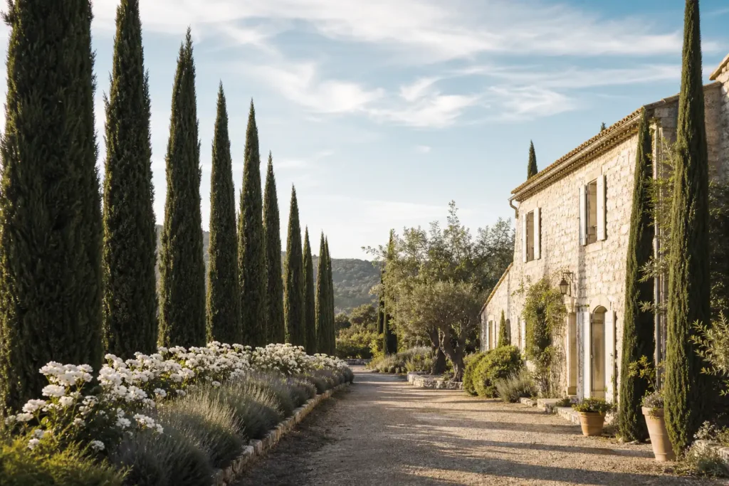 Haie de cyprès de Provence plantée devant un mas typique en pierre