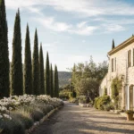 Haie de cyprès de Provence plantée devant un mas typique en pierre