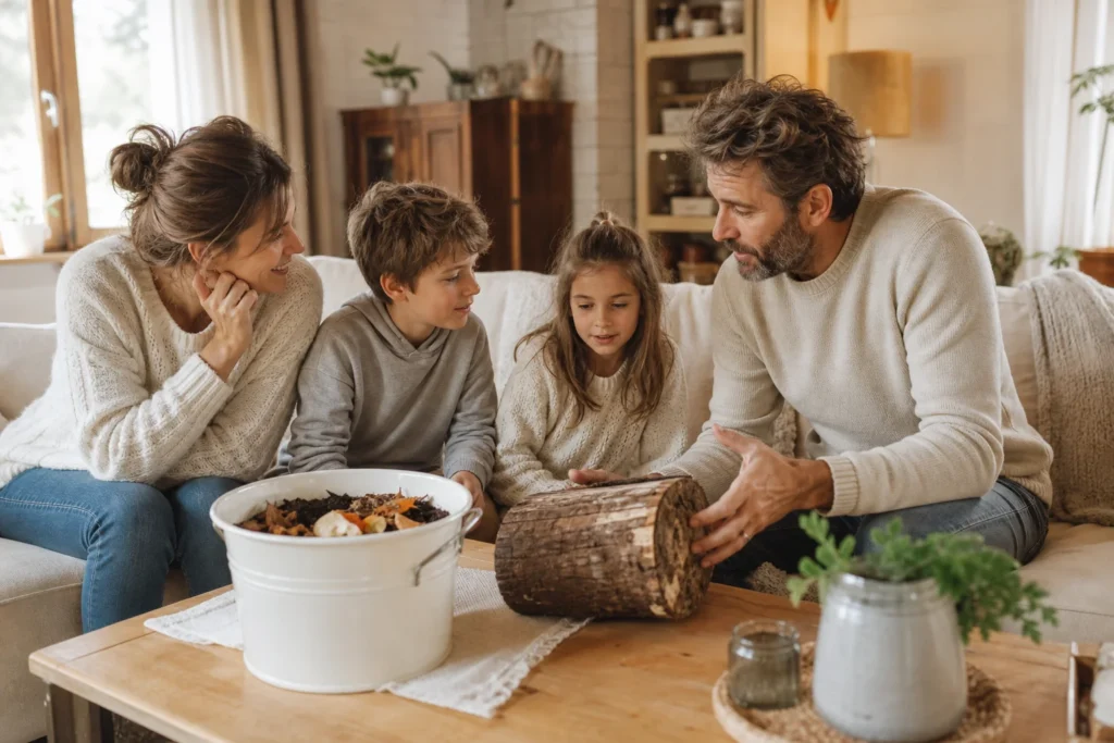 Famille découvre ensemble ce qu'est la biomasse à la maison