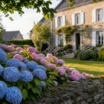 Floraison des hortensias dans un jardin résidentiel français