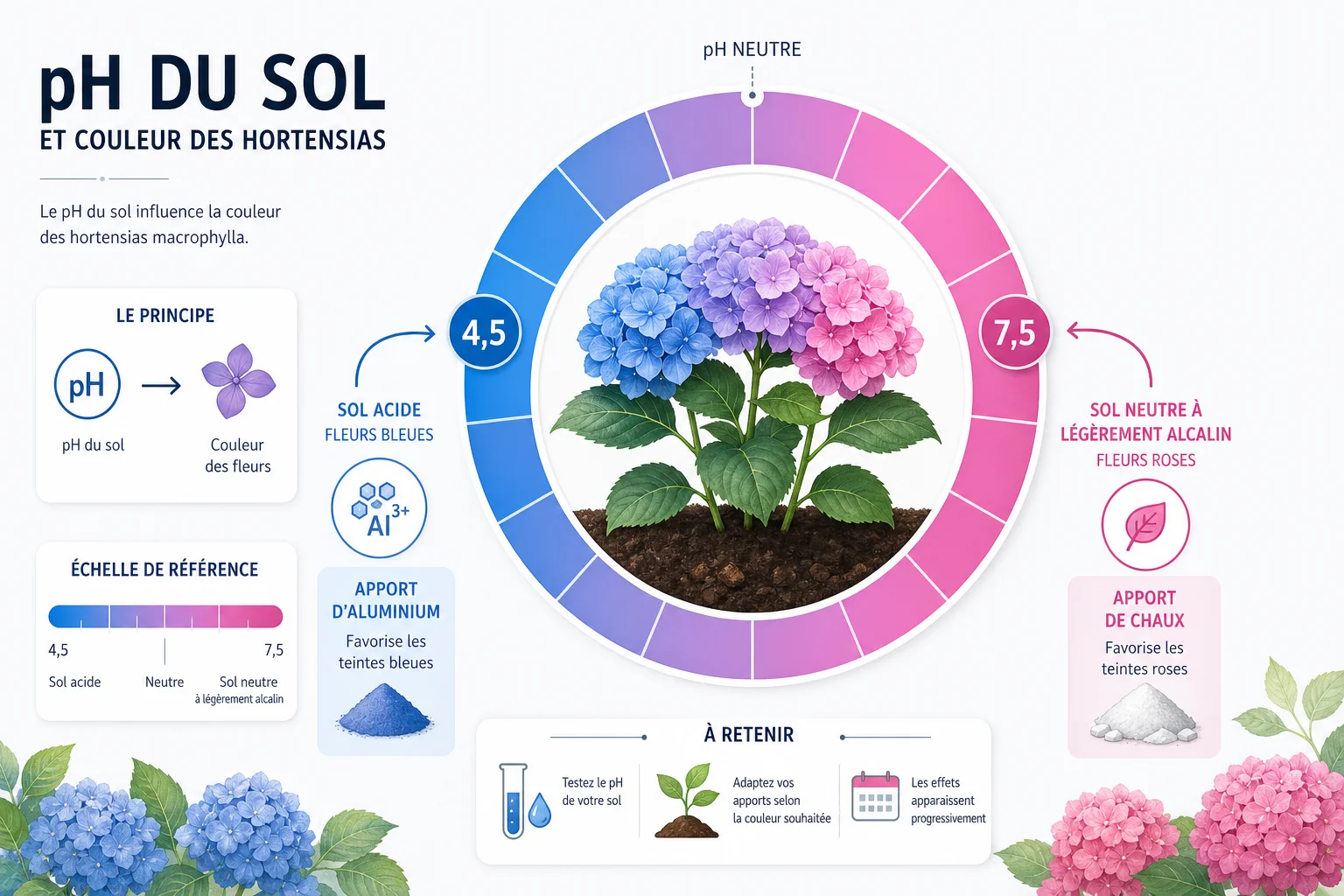 Infographie pH du sol et floraison des hortensias selon l'acidité
