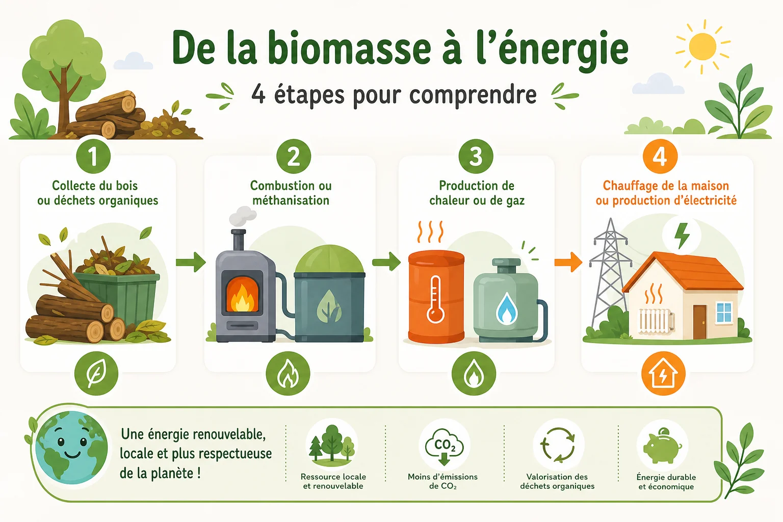 Schéma simple de la biomasse en énergie Infographie des 4 étapes de transformation de la biomasse en énergie