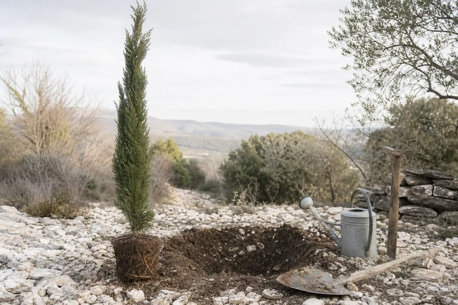 Quand planter un cyprès de Provence pour un bon enracinement Plant de cyprès de Provence prêt à être mis en terre en racines nues