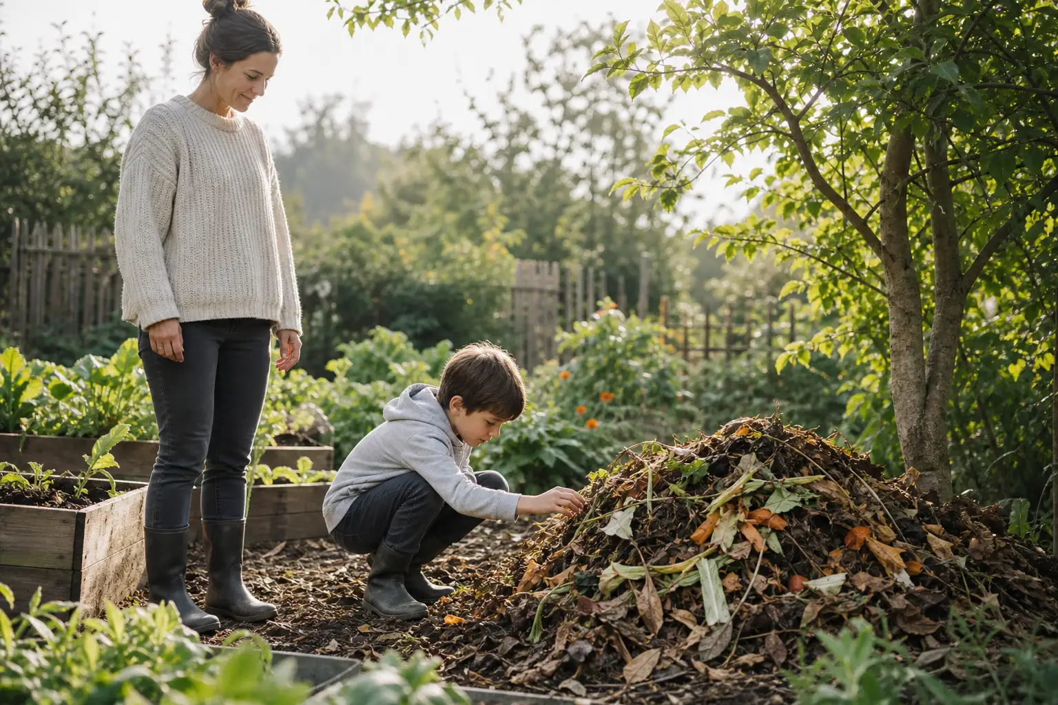 D'où vient la biomasse à la maison Enfant observe les sources naturelles de biomasse dans le jardin